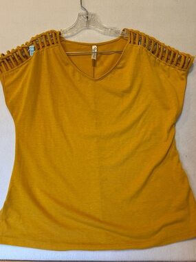 PerSeption Concept Mustard Yellow Cold-Shoulder Ladder-Trim Tank Top